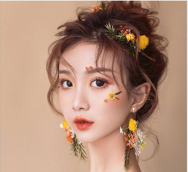 

handmade japanese and korean brides dry flowers starry hair accessories travel p real orange orange flower headwear accessories, Silver