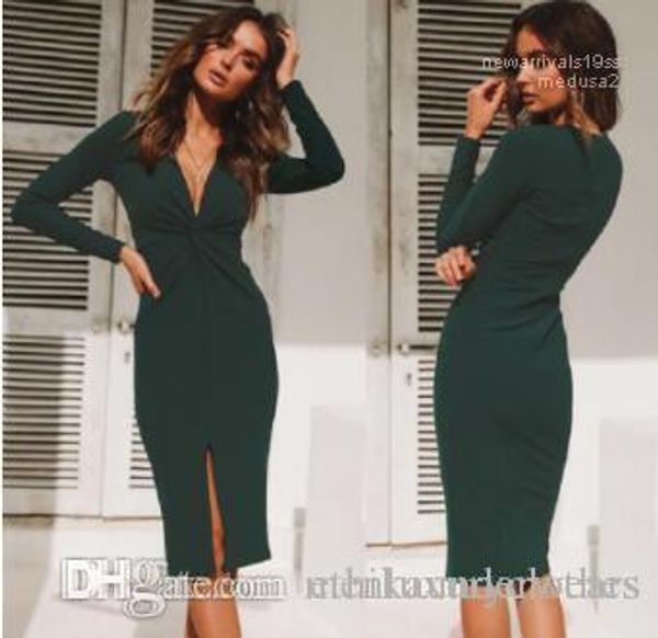 

spring autumn blackish green split up deep v-neck long sleeved pencil dress ol work bodycon dresses for women, Black;gray