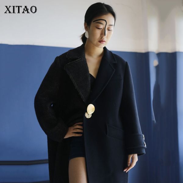 

xitao] новые женщины 2018 зимняя корея мода длинные turn donw воротник полный рукав одной кнопки лоскутная карман смесь coat dll1238, Black