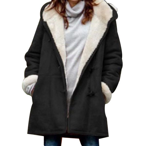 

women winter warm coat middle length thick plush hooded outwear jacket -mx8, Black