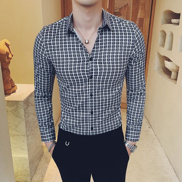 

new plaid mens shirts luxury long sleeve slim fit casual mens dress shirts camisa masculina fashion check printed men shirt, White;black