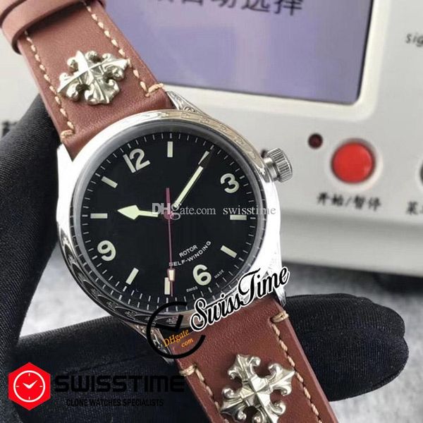 

sale m79910 automatic mens watch retro carved totem steel case black dial brown leather with silver flower white line swisstime b82a1, Slivery;brown