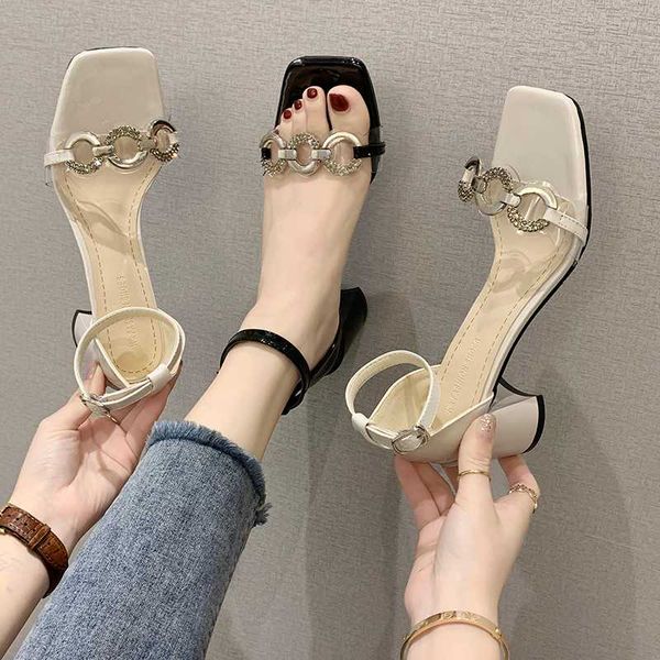 

high heel sandal for women 2020 sandals ladies shoes summer suit female beige women's heels buckle strap square toe heeled sale, Black