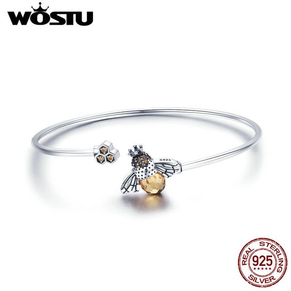 

wostu genuine 925 sterling silver sell bee glitter chain bracelet for women original link bangle fashion jewelry gift cqb104, Golden;silver