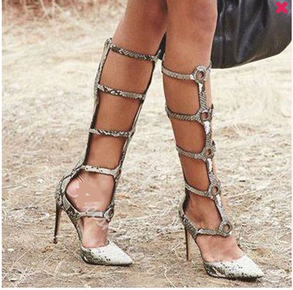 

sharp time snake color hollow excellent high trend bandage woman boots, Black