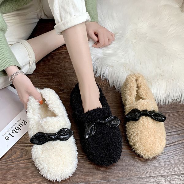 

korean shoes autumn bow-knot casual female sneakers slip-on round toe women's moccasins loafers fur 2019 comfortable fall new, Black