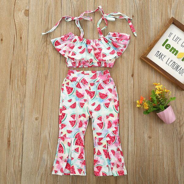 

2pcs toddler kids baby girls summer clothing watermelon print ruffless tank crop + bow long pants children outfits sets, White