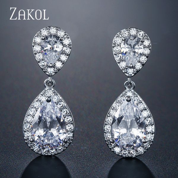 

zakol nickle fashion classic water drop crystal zirconia drop earrings bridal wedding jewelry for women wholesale fsep091, Golden