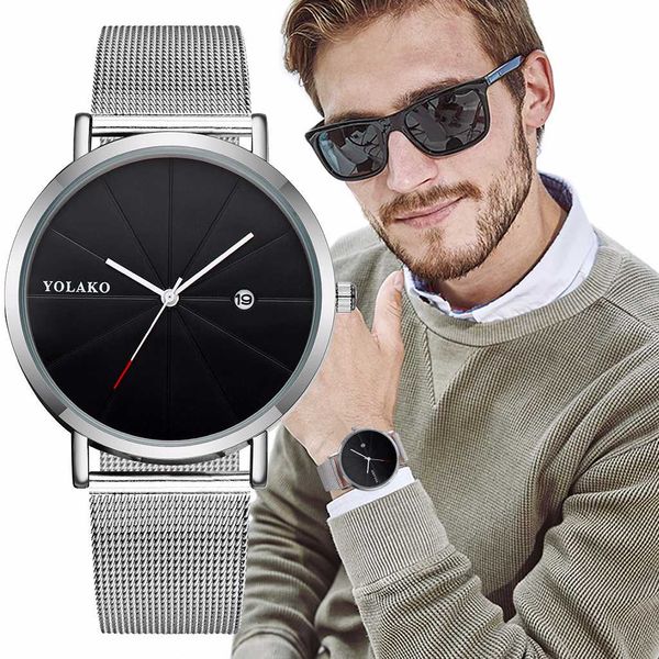 

yolako mens watches business leisure quartz watch stainless steel mesh strap ultra thin dial date clock relogio masculino, Slivery;brown