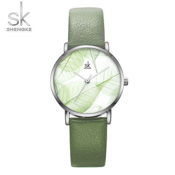 

shengke fashion new women watches green dial slim leather strap quartz wristwatches simple design ultra thin case zegarek damski, Slivery;brown