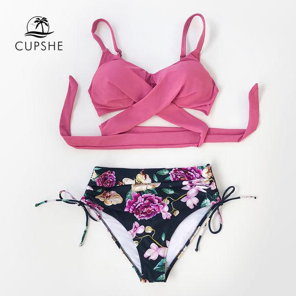

cupshe pink and floral print bikini sets lace up padded cups swimsuit two pieces swimwear women 2020 beach bathing suits, White;black