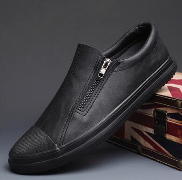

autumn new style fashion men youth leather zipper casual shoes trend shoes man leather cool loafers, Black