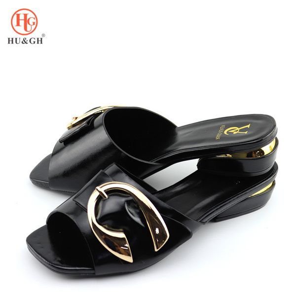 

new summer styel african women softy bottom sandals italy designs square toed metal buttons slipper lady party shoes slippers, Black