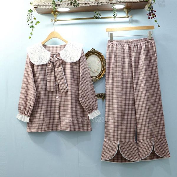 

full sleeve cute kawaii mori girls pajamas set women plaid cotton sleepwear with bow tie renaissance vintage loose lounge wear, Black;red