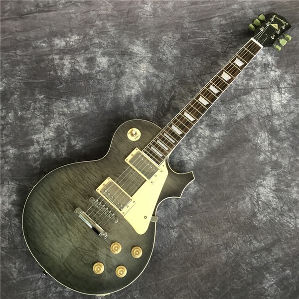 

6 string electric guitar, mahogany body with flamed maple smoke grey paint,ing