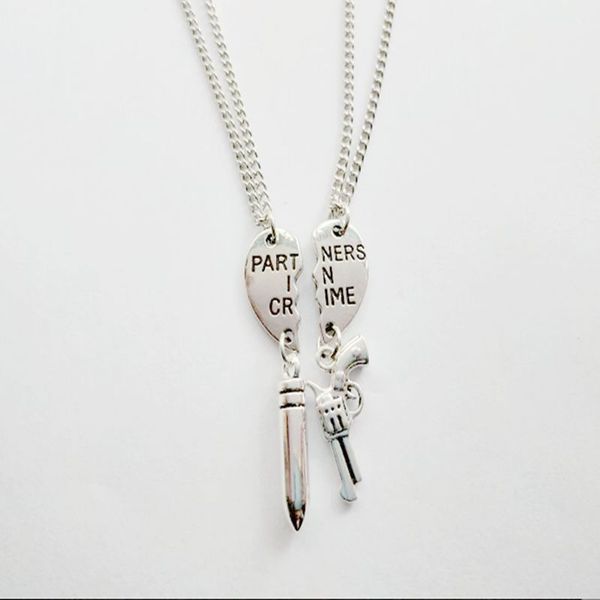 

partners in crime broken heart necklace pendant friend sweapon gun bullet couple necklace women jewelry bff friendship gift accessories, Silver