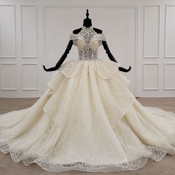 

2020 свадебное платье плюс размер высокая шея с плеча аппликация бисероплетение узор блесток многоуровневые роскошные свадебные платья vesti, White