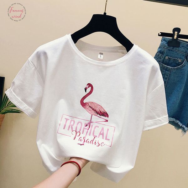 

2019 fashion cool flamingo print vrouwelijke t shirt wit katoen vrouwen t shirts zomer casual harajuku t shirt plus size vrouwen, White
