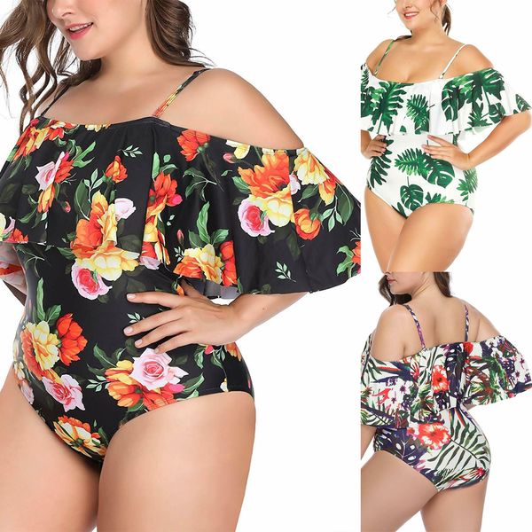 

2019 Woman Plus size Swimsuit One Piece Green Floral Bathing Suit for Women Big Leaf Swimming Vintage Bather Female Swimwear