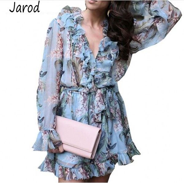 

summer women rompers 2019 runway fashion blue print floral long sleeve silk v neck female outfits sashes beach jumpusits, Black;white