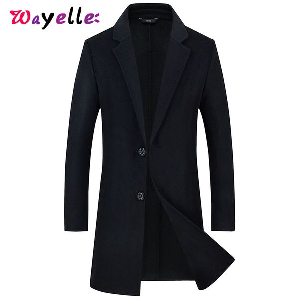 

men's young woolen jacket coat fashion long section trench jacket slim fit single breasted men casual winter warm overcoats 4xl, Black