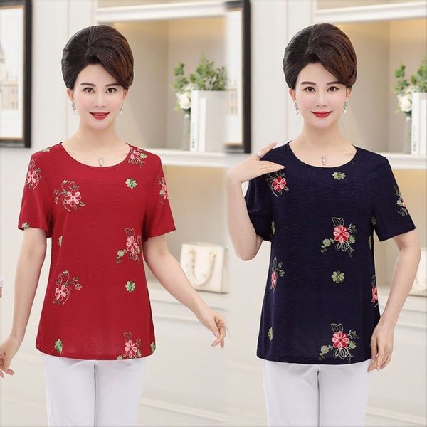 

summer clothes women's cotton linen short-sleeved cotton and linen pullover t-shirt mother's clothes large size round collar pullo, White