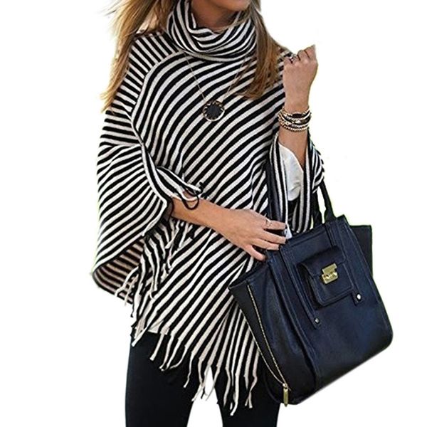 

autumn new stripe loose cape lady's sweater fringe high neck shawl 2018 new winter women sweater, Black