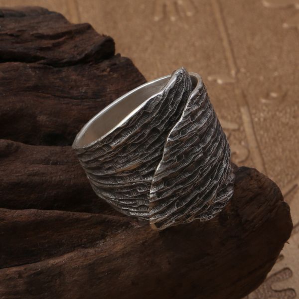 

genuine 925 sterling silver vintage old leaves wide surface ring for women fashion thai handmade silver jewelry 2019 gift, Golden;silver