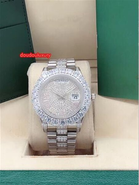 

silver stainless steel watch new prong set diamond men's watch diamond stainless steel middle strap automatic mechanical watch, Slivery;brown