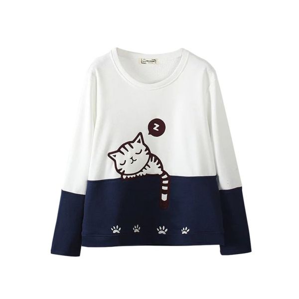 

spring autumn sweatshirt women knitted long sleeve hoodies 2018 cute women pullover cat print sweatshirt, Black