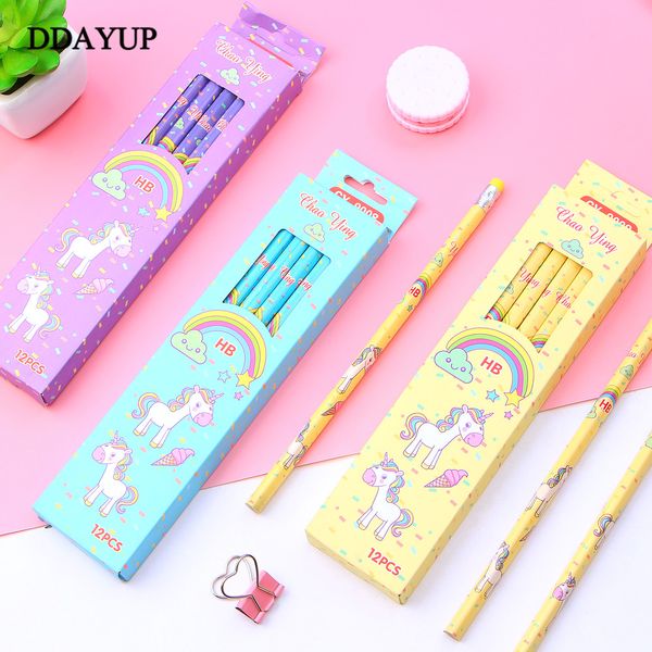 

12pcs/set cute kawaii cartoon unicorn pencil hb sketch items drawing stationery student school office supplies for kids gift