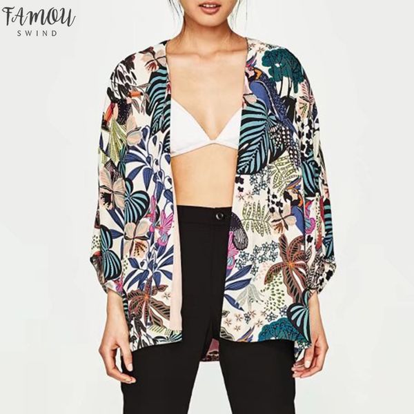

fashion women chiffon kimono cardigan harajuku printed floral open front holiday loose casual thin blouse beachwear cover ups 2020, White