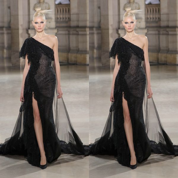 

tony ward 2019 black evening dresses one shoulder lace side split glitters with tulle overskirts mermaid prom gowns plus size party dress, Black;red