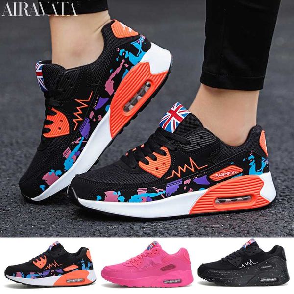 

women's fashion colorful printed air cushion sneakers outdoor casual shoes, Black