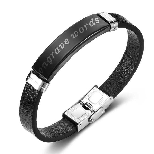 

engrave name black genuine leather bracelet for men geometric stainless steel custom bracelet homme gift