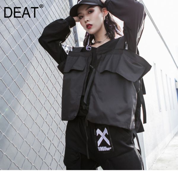 

deat] 2019 new spring summer sleeveless black pocket split joint bandage loose personality vest women fashion tide jr536, Black;white
