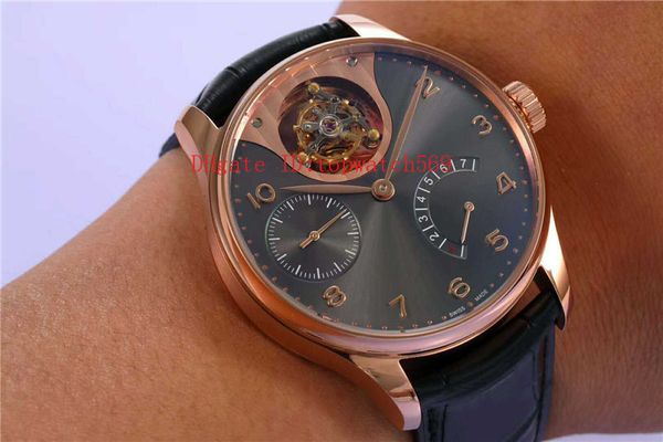 

portuguese mens watch real tourbillon watch flyback automatic mechanical power reserve display sapphire crystal 18k gold 316l steel, Slivery;brown