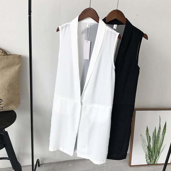

2017 new arrivals women's fashion chiffon causal long vest turn-down collar sleeveless jacket solid color female's slim blazer, Black;white
