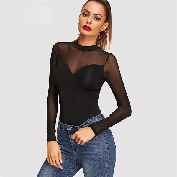 

женская дизайнер футболки женщины топы черный управление леди твердая contrast mesh sheer с длинным рукавом элегантная осень повседневная же, White