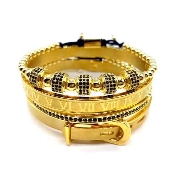 

4pcs/set luxury men bracelet titanium steel roman numeral bracelet for men horseshoe buckle bangle pulseira bileklik jewelry, Golden;silver