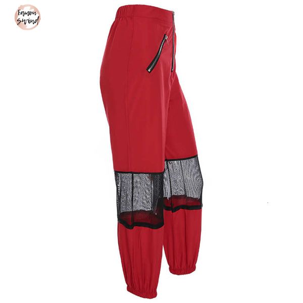

женщины высокой талией лоскутные брюки zipper марка red брюки мода уличная joggers женщины упругие талии панк брюки, Black;white