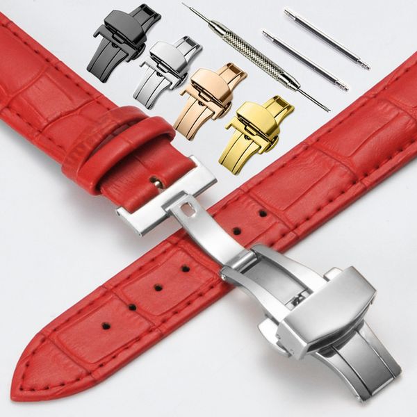 

genuine leather watchbands 12 14 16 17 18 19 20 mm universal watch steel butterfly clasp buckle strap wrist belt bracelet + tool, Black;brown