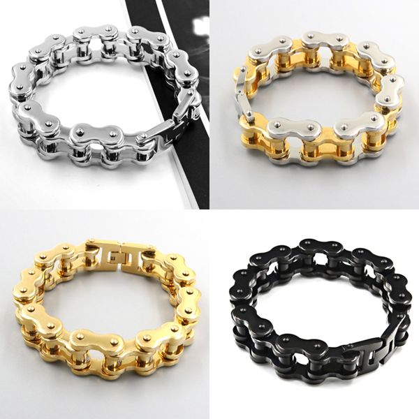 

cool men biker bicycle motorcycle chain for men's bracelets & bangles fashion black gold color stainless steel jewelry bracelet