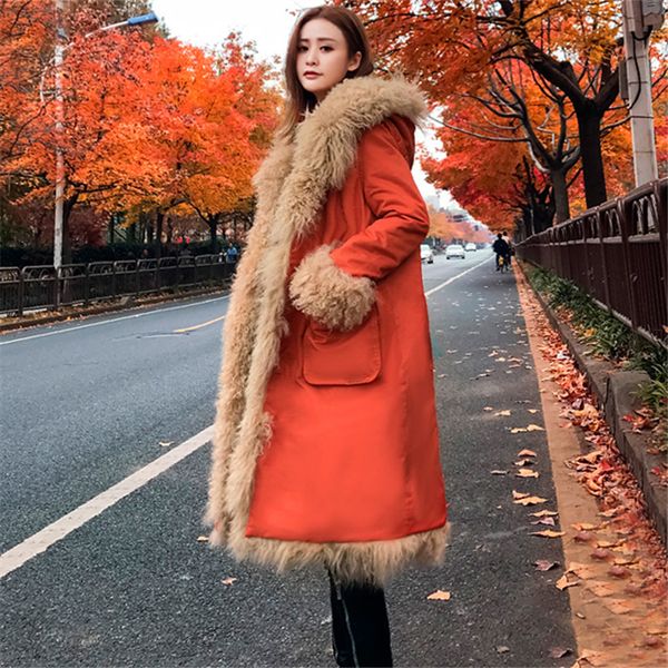 

2019 new winter down jacket womens thicken warm beach wool fur lining long plus size hooded white duck down coat, Black