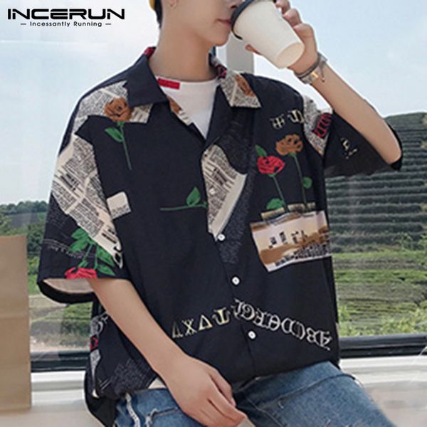 

incerun summer men hawaiian shirt printing streetwear beach 2019 short sleeve lapel loose brand shirts men fashion casual blouse, White;black