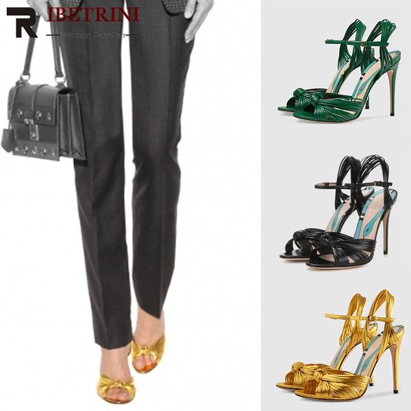 

ribetrini runway show women summer sandals whole genuine leather thin high heels women shoes woman 34-43, Black