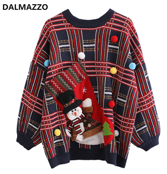

fashion students puff sleeve loose knit sweaters 2019 winter women pullovers thick warm cartoon christmas new year sweater, White;black