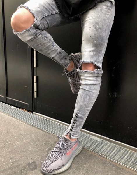

men's ripped design denim skinny distressed destroyed straight pockets zipper holes streetwear jeans plus size o8r2, Blue