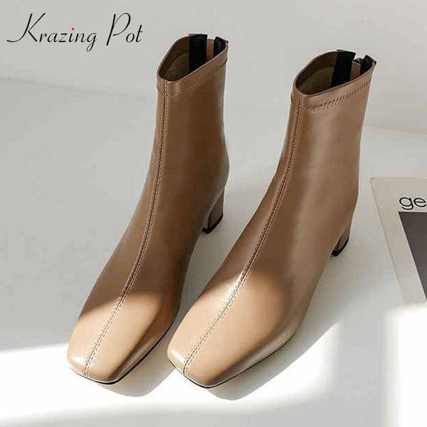 

krazing pot 2019 genuine leather med heel autumn winter zipper concise style square toe modern western british boots l53, Black
