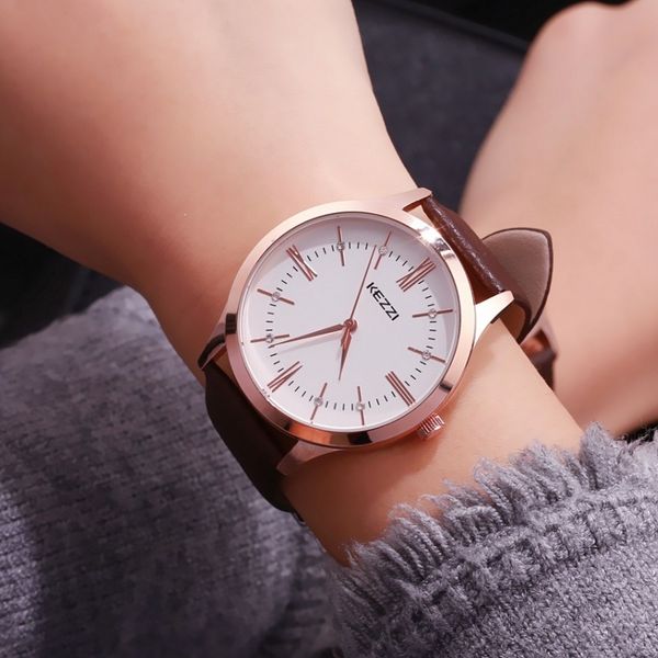 

kezzi brand woman watches roman numerals business women men watch couple leather strap quartz watches, Slivery;brown